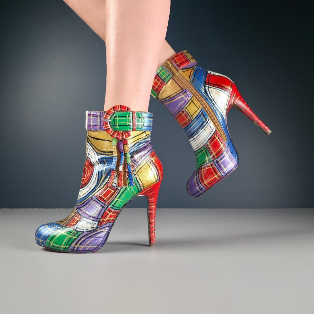 Custom Hand Painted Tartan Stiletto Ankle Boots | US Size 8